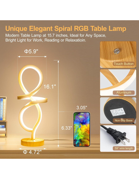 Lámpara de Mesa LED Regulable Mayful, Espiral RGB 15W