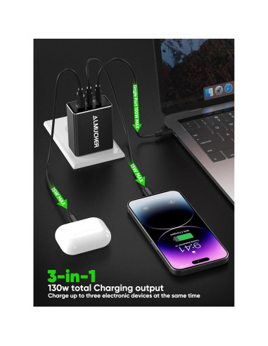 Cargador USB C 130W ALMUCHER 3 Puertos Plegable Negro