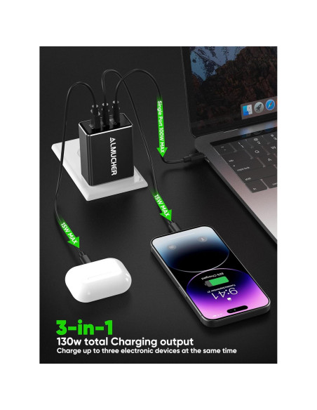 Cargador USB C 130W ALMUCHER 3 Puertos Plegable Negro