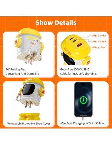 Cargador Divoom Dipow 65W USB-C 3 Puertos Rápido Amarillo