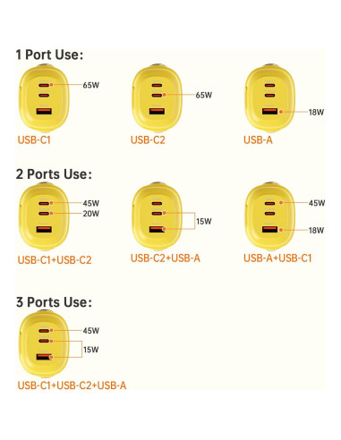 Cargador Divoom Dipow 65W USB-C 3 Puertos Rápido Amarillo