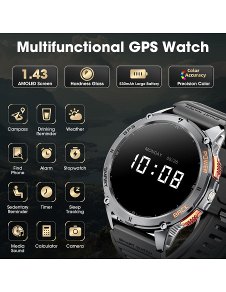 Reloj Inteligente Militar Joautrial con GPS y Linterna LED 1.43"