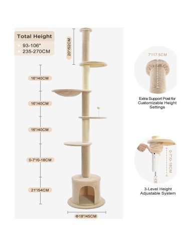 Árbol para Gatos Made4Pets Ajustable 93-106 cm 5 Niveles Beige
