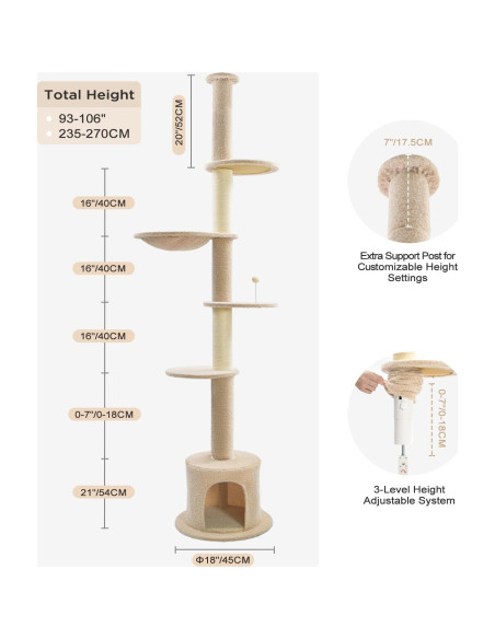 Árbol para Gatos Made4Pets Ajustable 93-106 cm 5 Niveles Beige