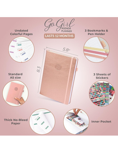 Agenda GoGirl A5 Sin Fecha Colorida para Mujeres - Oro Rosa