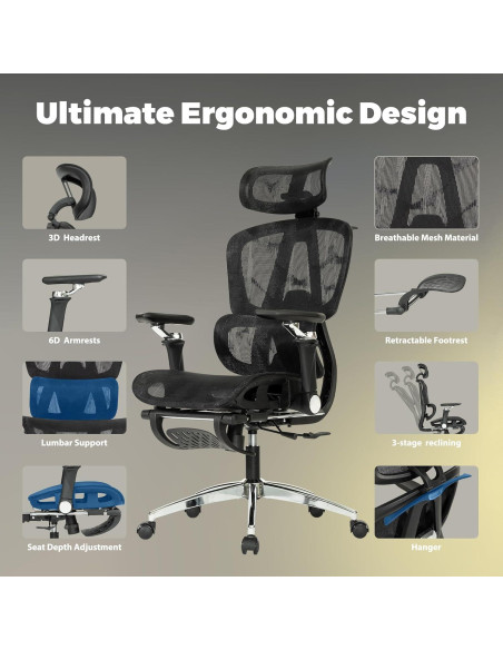 Silla de Oficina Ergonómica Hujusko 900PRO Malla Ajustable