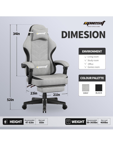 Silla de Juego Ergonomica Opiesit YW600 Gris con Reposapiés
