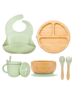 Set de Platos de Bambú para Bebés Womorista - 3 Secciones Verde