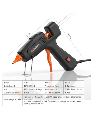 Pistola de Silicona Caliente IZIO 100W con 21 Barras 11.1mm