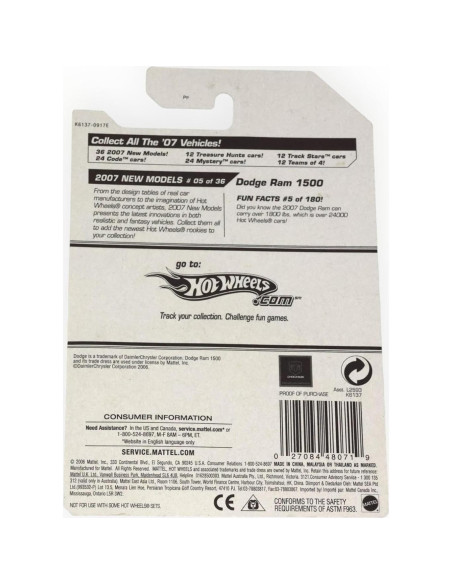 Hot Wheels Dodge Ram 1500 2007 Escala 1:64 Metal Amarillo