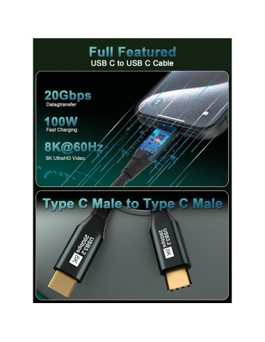 Cable USB C a USB C 1FT KAKAPOZO 8K@60Hz 100W Carga Rápida