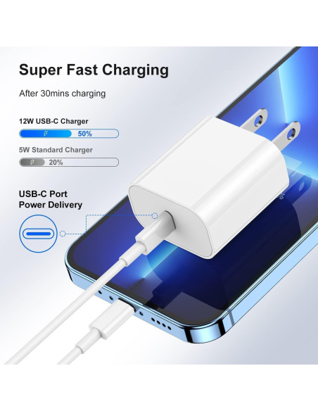 Cargador Rápido USB C 20W para iPhone 14/13/12/11 con Cable 10FT