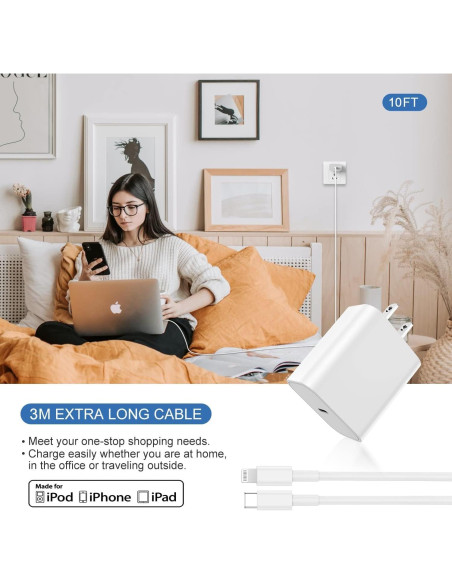 Cargador Rápido USB C 20W para iPhone 14/13/12/11 con Cable 10FT