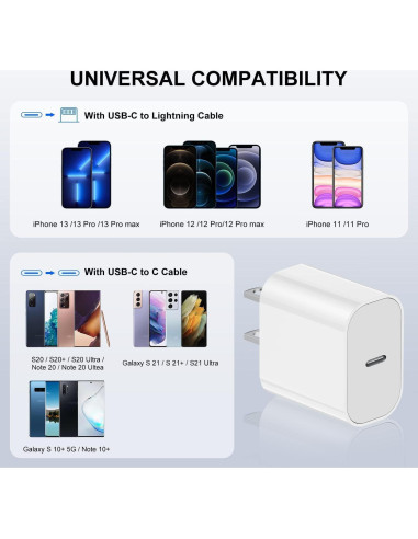 Cargador Rápido USB C 20W para iPhone 14/13/12/11 con Cable 10FT