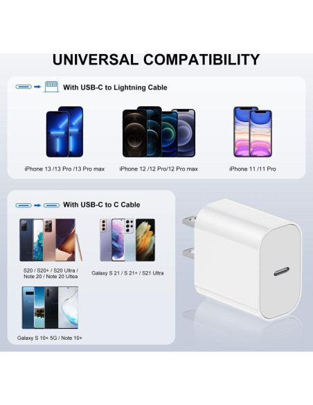 Cargador Rápido USB C 20W para iPhone 14/13/12/11 con Cable 10FT