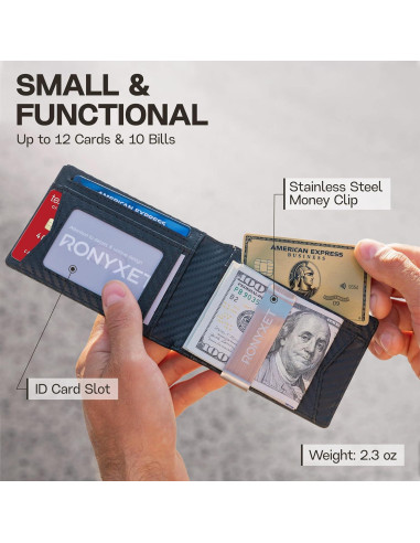 Billetera delgada Ronyxet de cuero con bloqueo RFID - Carbono Negro