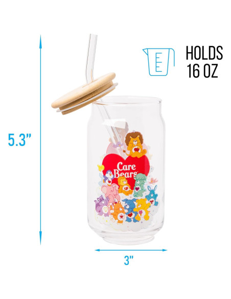 Vaso de Vidrio Silver Buffalo Care Bears 16oz con Tapa de Bambú