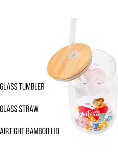 Vaso de Vidrio Silver Buffalo Care Bears 16oz con Tapa de Bambú
