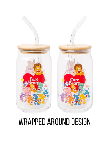 Vaso de Vidrio Silver Buffalo Care Bears 16oz con Tapa de Bambú