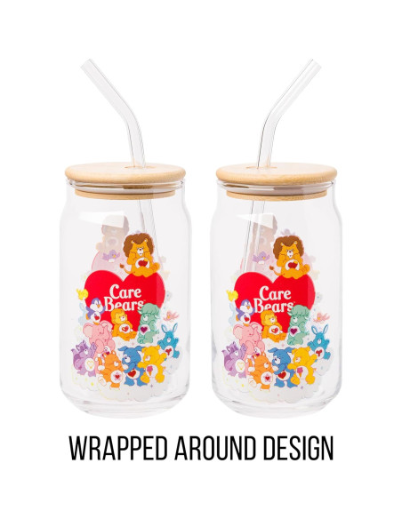 Vaso de Vidrio Silver Buffalo Care Bears 16oz con Tapa de Bambú