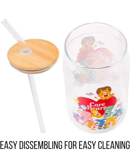 Vaso de Vidrio Silver Buffalo Care Bears 16oz con Tapa de Bambú