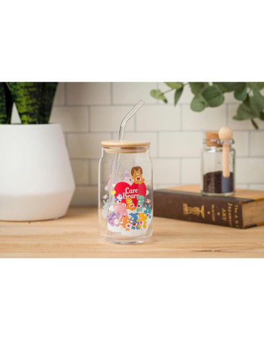 Vaso de Vidrio Silver Buffalo Care Bears 16oz con Tapa de Bambú