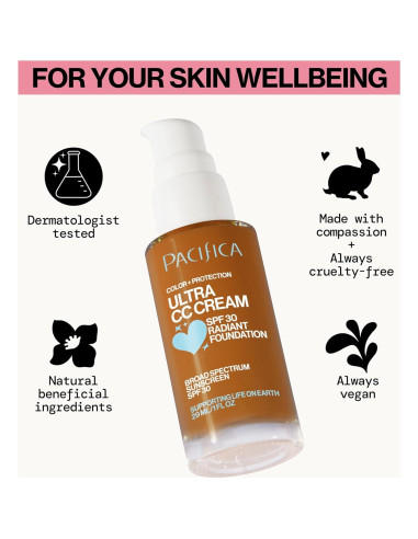 Crema CC Ultra Radiant Foundation Pacifica - Bronceado Cálido, SPF 17, 28.35 g