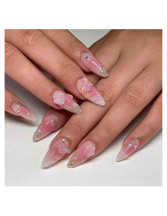 Uñas Postizas RikView Rosa Almendra 24 PCS Flores 3D