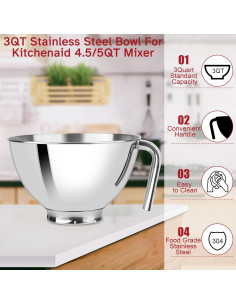 Tazón Mezclador Acero Inoxidable Kltchonald 3 Qt para KitchenAid 2