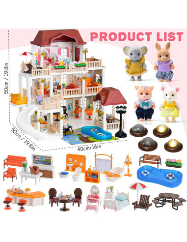 Casa de Muñecas TUZT 3 Pisos con Ascensor y Luces 33x16x43cm