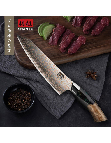 Cuchillo de Chef SHAN ZU Damasco 20.3 cm Forjado a Mano