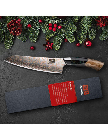 Cuchillo de Chef SHAN ZU Damasco 20.3 cm Forjado a Mano