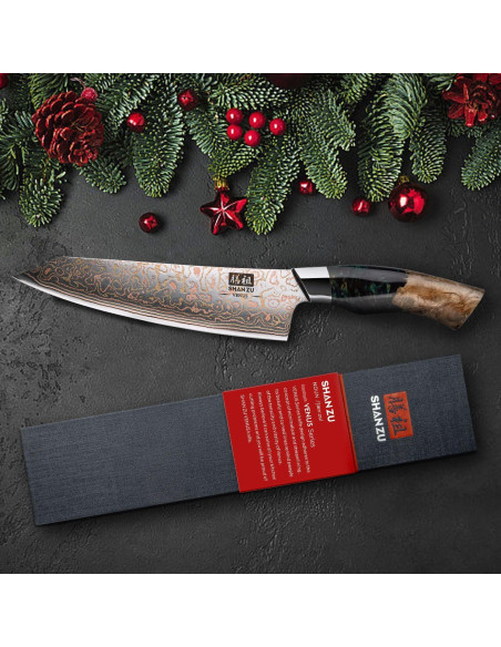 Cuchillo de Chef SHAN ZU Damasco 20.3 cm Forjado a Mano