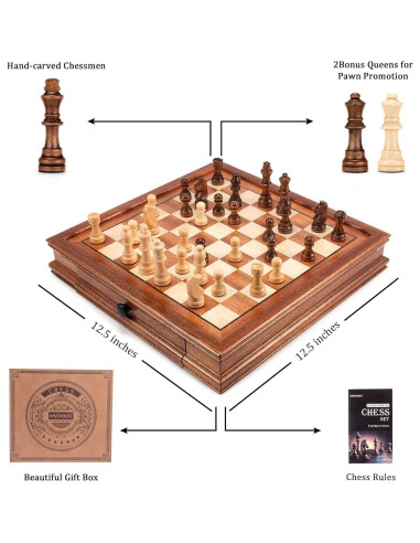 Juego de Ajedrez Magnético de Madera AMEROUS 31.75 cm con 2 Reinas