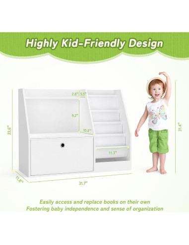 Estantería para Niños TOETOL, Librero Blanco 2 Niveles 4 Bolsillos