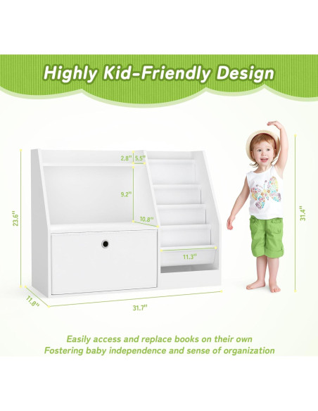 Estantería para Niños TOETOL, Librero Blanco 2 Niveles 4 Bolsillos