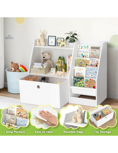 Estantería para Niños TOETOL, Librero Blanco 2 Niveles 4 Bolsillos