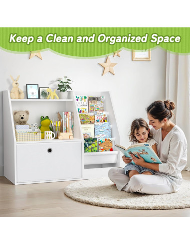 Estantería para Niños TOETOL, Librero Blanco 2 Niveles 4 Bolsillos