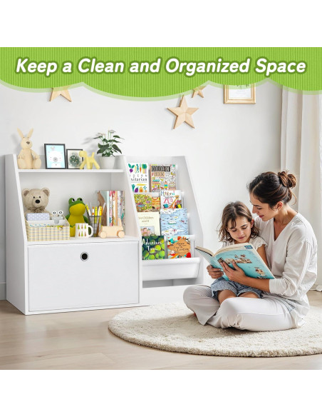 Estantería para Niños TOETOL, Librero Blanco 2 Niveles 4 Bolsillos