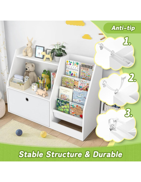 Estantería para Niños TOETOL, Librero Blanco 2 Niveles 4 Bolsillos