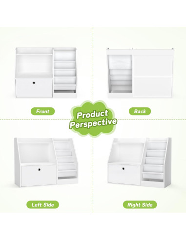 Estantería para Niños TOETOL, Librero Blanco 2 Niveles 4 Bolsillos