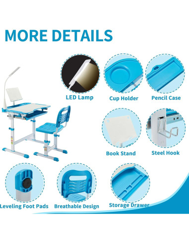 Conjunto de Escritorio y Silla Diroan Azul Ergonómico Ajustable