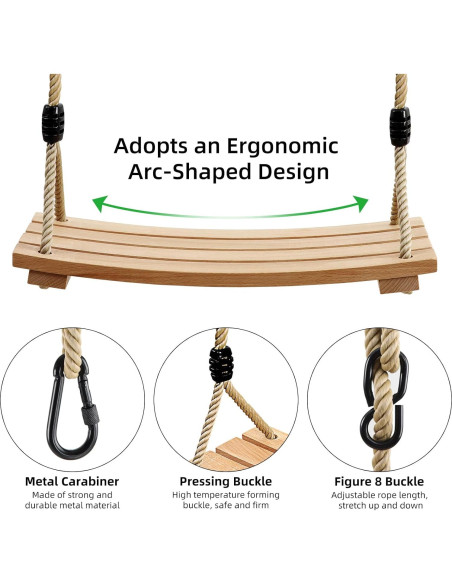 Asiento de Columpio de Madera PELLOR 42x20 cm Cuerda Ajustable