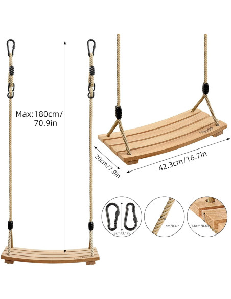 Asiento de Columpio de Madera PELLOR 42x20 cm Cuerda Ajustable