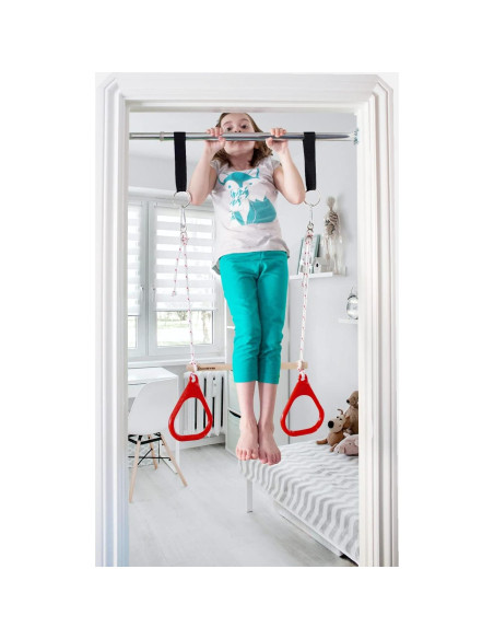 Columpio de Puerta DreamGYM con Barra de Trapecio y Anillos Rojos