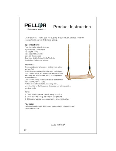 Asiento de Columpio de Madera PELLOR 42x20 cm Cuerda Ajustable