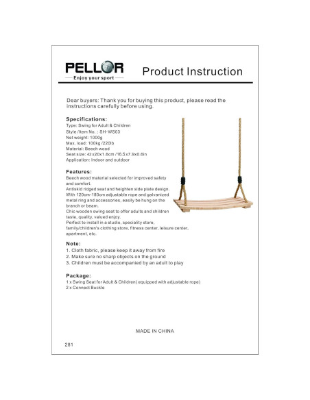 Asiento de Columpio de Madera PELLOR 42x20 cm Cuerda Ajustable