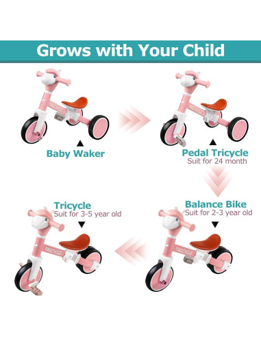 Triciclo Rosa para Niños 1-5 Años con Luz y Música