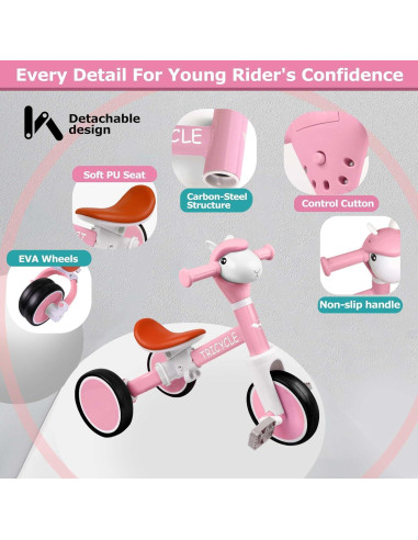 Triciclo Rosa para Niños 1-5 Años con Luz y Música