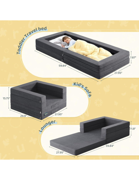 Cama de viaje para niños WeeGuruu 3 en 1 gris, espuma alta densidad